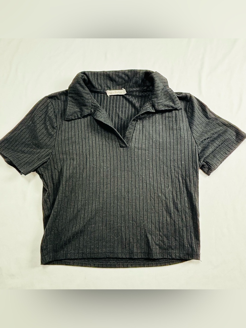 Black Ribbed Short-Sleeve Polo Top W676